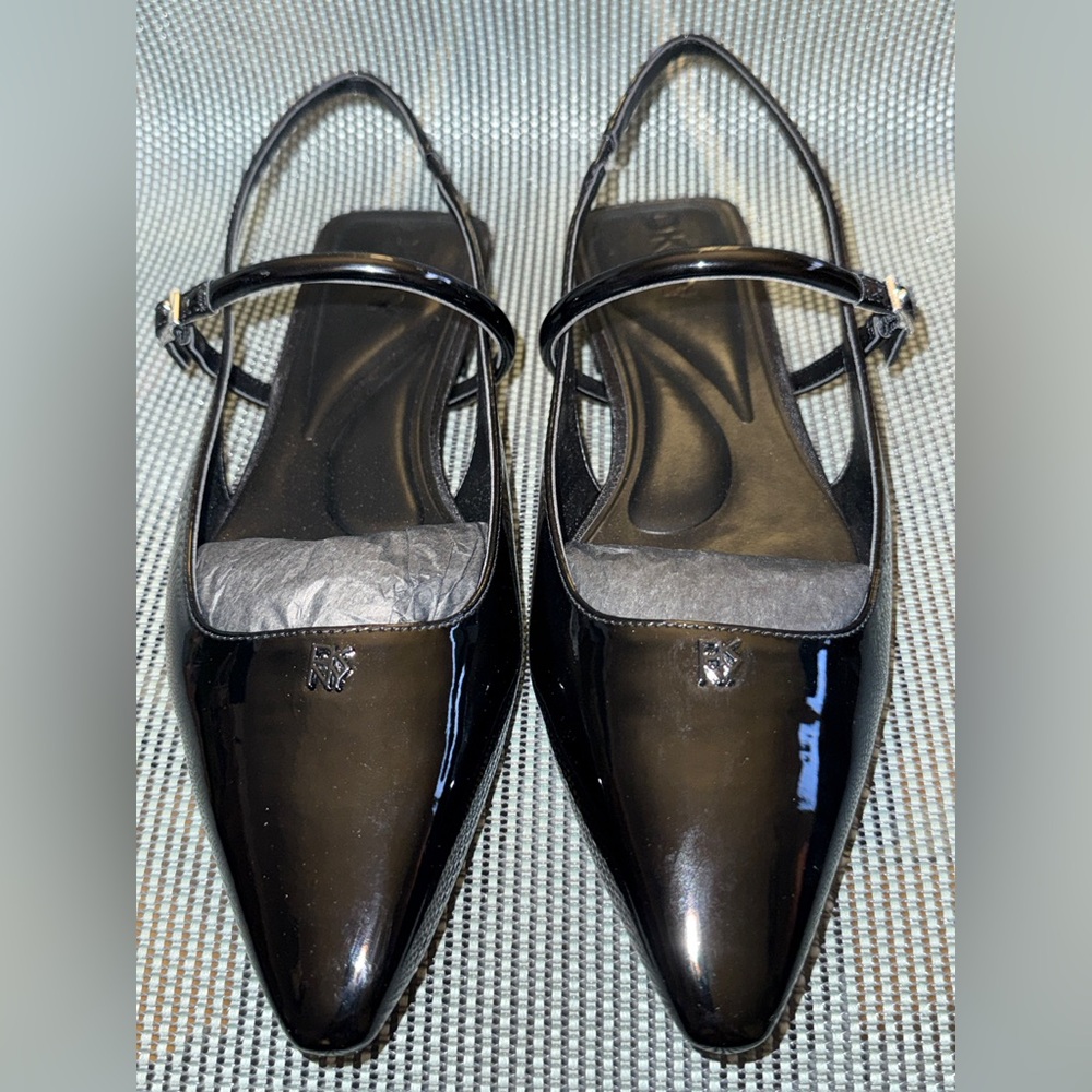 DKNY Cairo Black Patent Slingback Shoes Pointed Toe Mary Jane Strap Slide PU